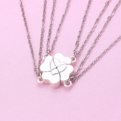 Collar de trebol de cuatro hojas magnetico plateado con las 4 piezas unidas para 4 amigas, dije Best Friends ensamblado