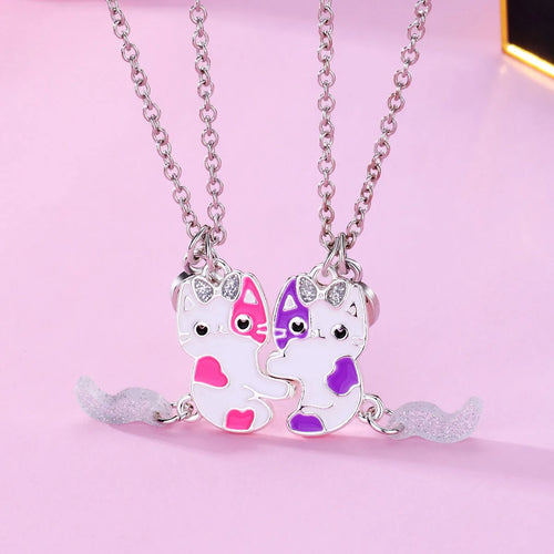 Set de 2 collares de gatitos BFF rosa y morado unidos magnéticamente