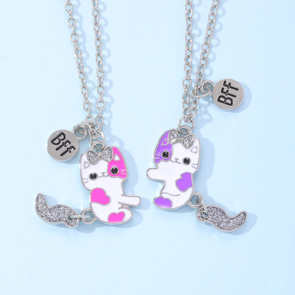 Set de 2 collares de gatitos BFF rosa y morado con los dijes separados